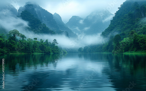 Misty river flowing through lush mountains at dawn. A serene river winds through towering mountains shrouded in mist, creating a tranquil landscape in the early morning light.