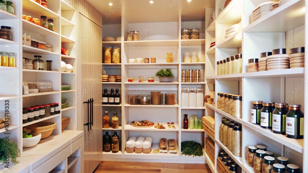 A well-organized pantry with white shelves stocked with various food items. A well-organized pantry with white shelves stocked with various food items.