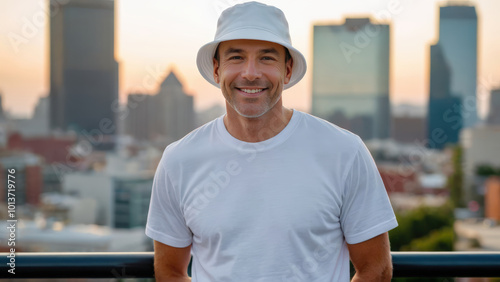 Man wearing white t-shirt and white bucket hat standing on cityscape background