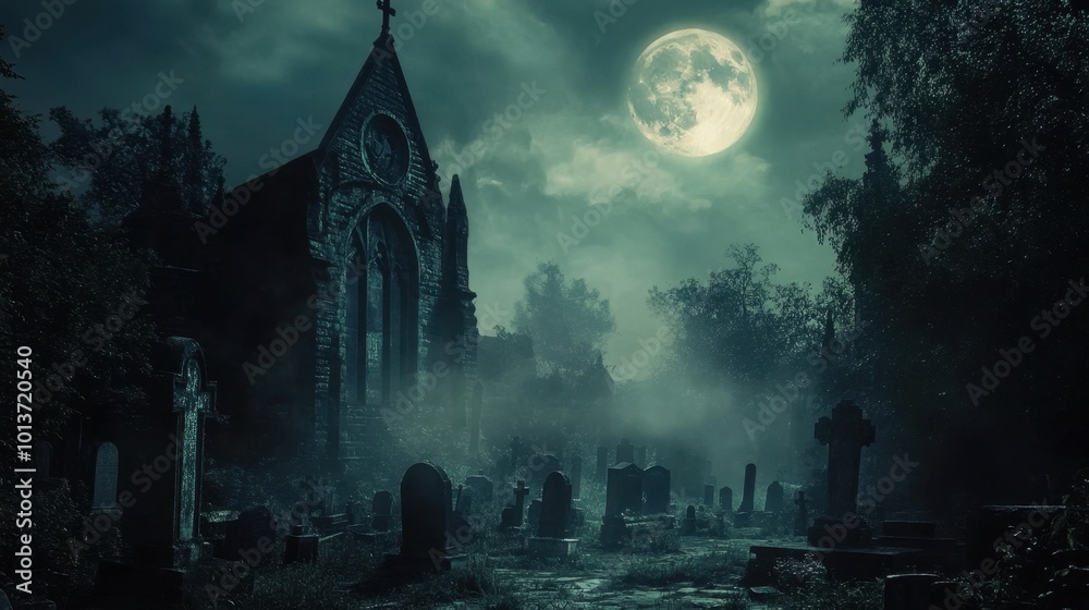 Obraz premium A dilapidated graveyard under a full moon, with tall shadows that seem to move in the dark, mist rising from the ground.