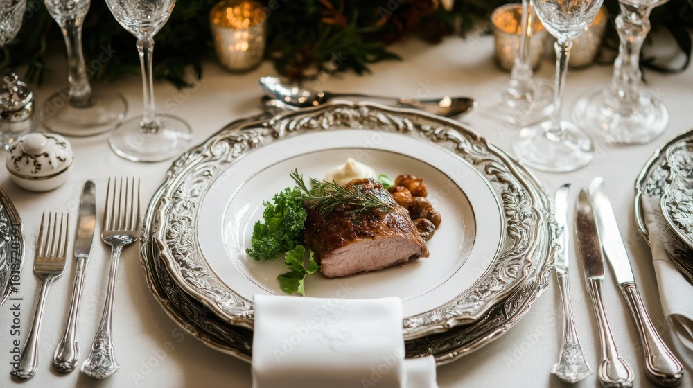 A gourmet dish is elegantly presented on a fine dining table with crisp linens, polished silverware, and refined stemware, inviting a luxurious meal. A gourmet dish is elegantly presented on a fine dining table with crisp linens, polished silverware, and refined stemware, inviting a luxurious meal.