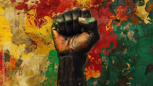 A vector illustration of a colorful, abstract paint effect, black lives matter fist, powerful protest photo