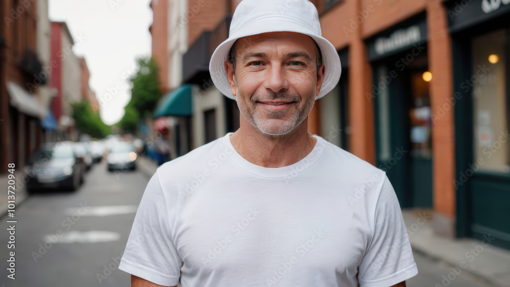 Man wearing white t-shirt and white bucket hat standing on the street Man wearing white t-shirt and white bucket hat standing on the street