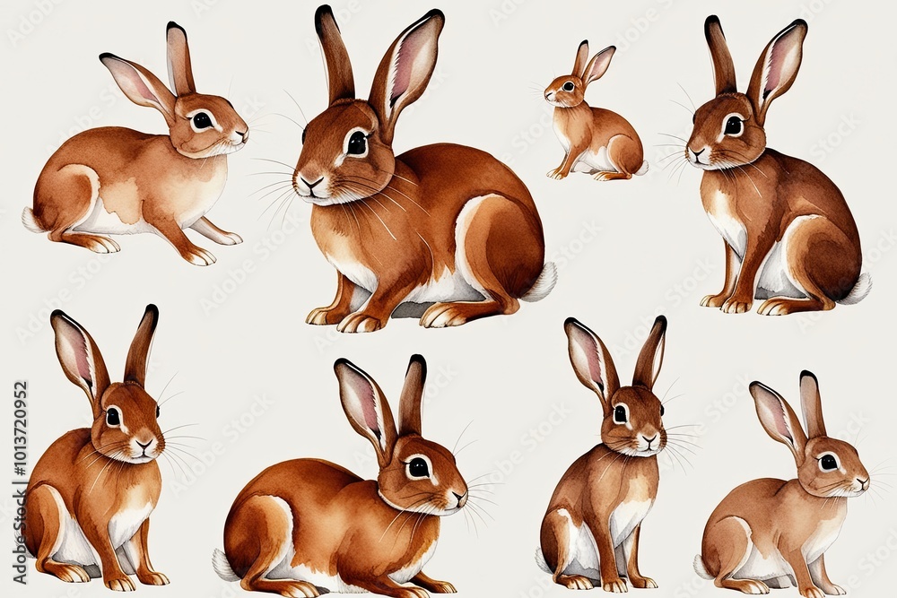 Fototapeta premium Charming Watercolor Illustrations of Curious Tan Rabbits on Soft White Canvas