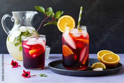 Refreshing Hibiscus Iced Tea with Stylish Summer Background for Cool Drinks