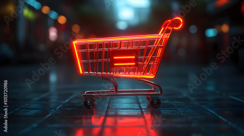 3D Isolated Glowing Shopping Cart with Floating Price Tag for Cyber Monday Sales - Minimalistic Design Ideal for Online Shopping Infographics