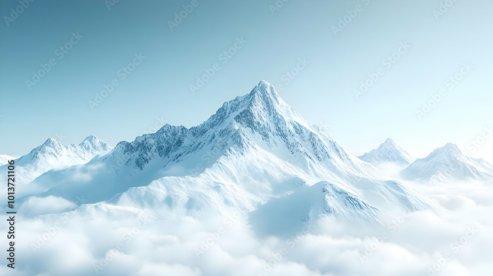 3D Icon of a Majestic Snowy Mountain Range with Clear Blue Sky and Distant Clouds - Minimalist Winter Landscape Design with Ample Copy Space for Creative Use 3D Icon of a Majestic Snowy Mountain Range with Clear Blue Sky and Distant Clouds - Minimalist Winter Landscape Design with Ample Copy Space for Creative Use