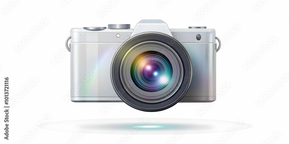 Flat Vector Illustration of a Floating Digital Camera with Holographic Lens and Sale Tag for Cyber Monday Tech Deals � Perfect for Promotional Copy Flat Vector Illustration of a Floating Digital Camera with Holographic Lens and Sale Tag for Cyber Monday Tech Deals � Perfect for Promotional Copy
