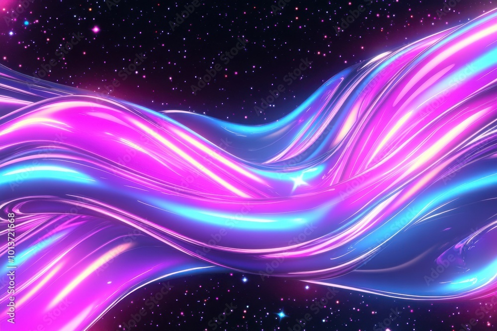Fototapeta premium Vibrant neon wave texture with cosmic stars background