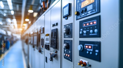 Electric control cabinet substation in a new factory plant, representing modern industrial technology and efficient layout