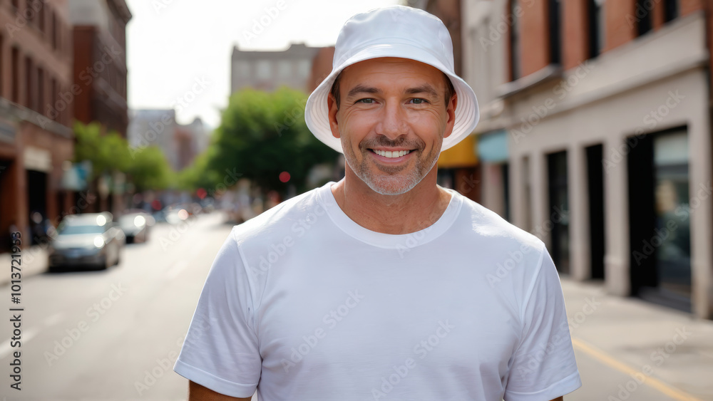 Man wearing white t-shirt and white bucket hat standing on the street Man wearing white t-shirt and white bucket hat standing on the street
