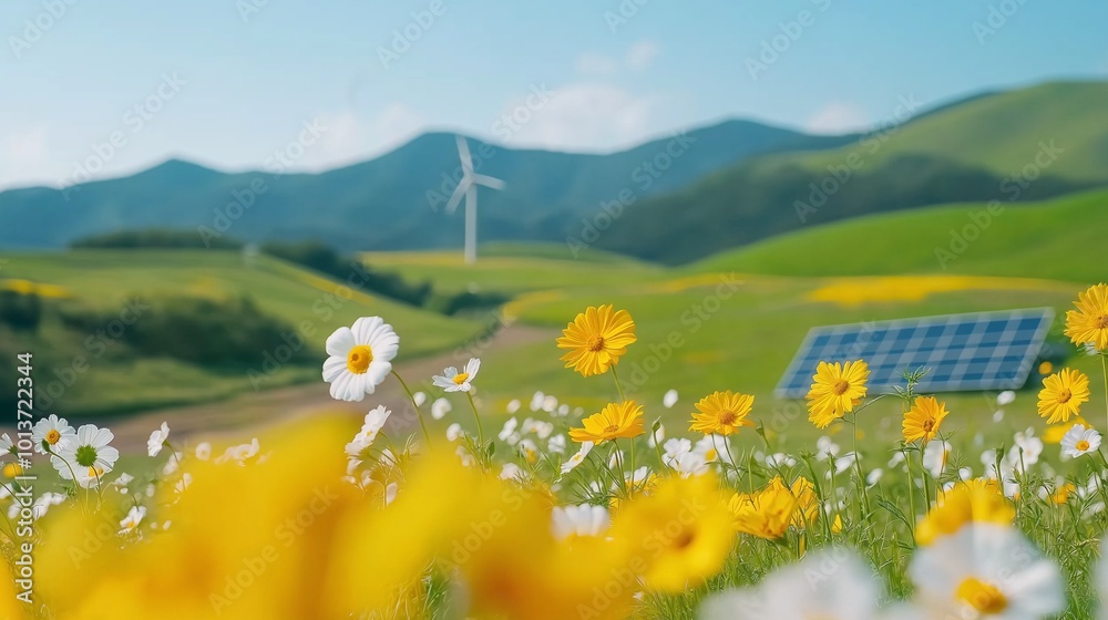 Fototapeta premium Close-up of daisies against epic green hills, mountains, and forests with solar panels and wind turbines. Nature and sustainability