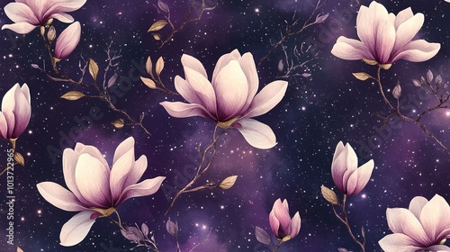 seamless pattern watercolor with big magnolia's with branches and leafs on a purple galaxy background with stars and small cirkels photo