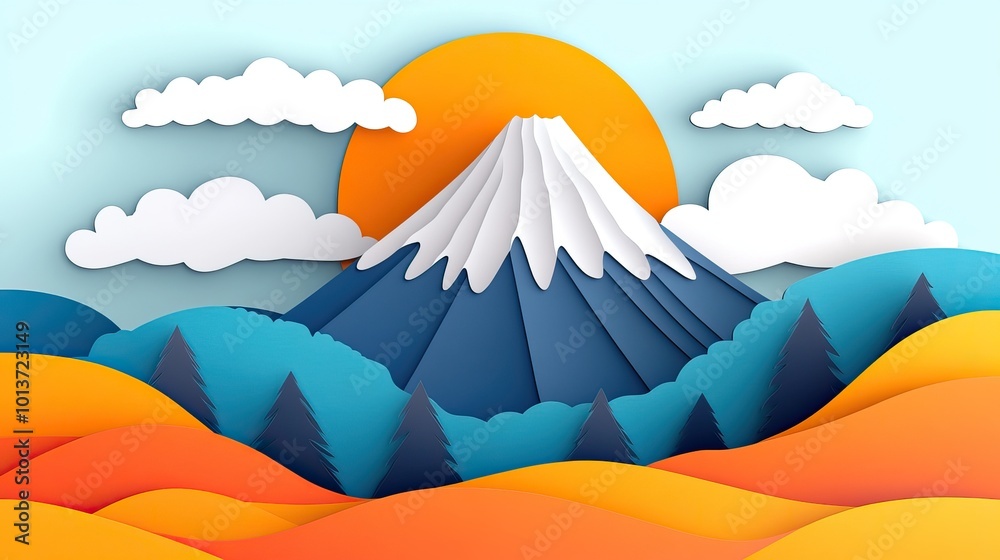 Landscape of a volcanic mountain at sunrise under a clear sky Volcanic Mountain Landscape at Sunrise Landscape of a volcanic mountain at sunrise under a clear sky Volcanic Mountain Landscape at Sunrise