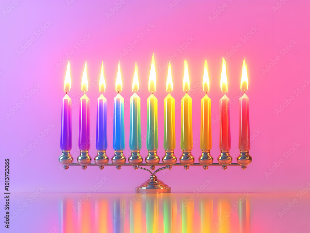 Flat Holographic Dreidel and Hanukkah Candles on Glossy Background for Festive Promotions - Ample Copy Space in Medium Shot Flat Holographic Dreidel and Hanukkah Candles on Glossy Background for Festive Promotions - Ample Copy Space in Medium Shot