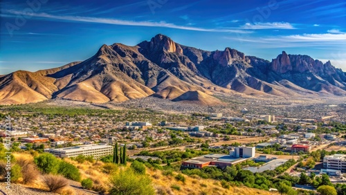 A breathtaking panoramic view capturing the Franklin Mountains against a vivid blue sky, highlighting the enchanting landscape of El Paso, Texas, in stunning detail.
