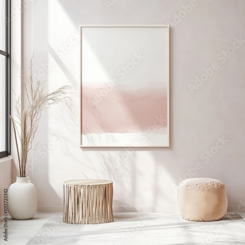 A bright artistic space featuring an abstract pink artwork on a soft pink wall, surrounded by elegant natural decorations. photo