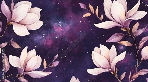 seamless pattern watercolor with big magnolia's with branches and leafs on a purple galaxy background with stars and small cirkels photo