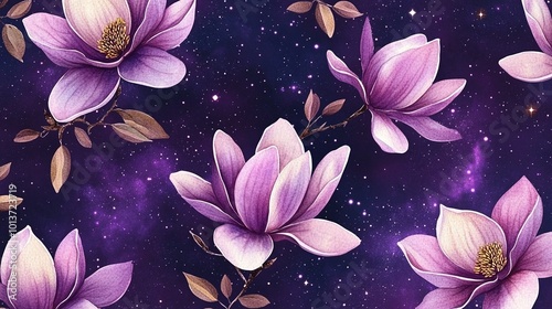 seamless pattern watercolor with big magnolia's with branches and leafs on a purple galaxy background with stars and small cirkels photo