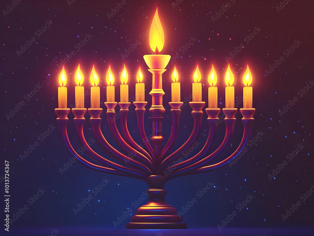 Fototapeta premium Modern Flat Holographic Dreidel and Menorah on Glowing Desk with Ample Copy Space for Festive Promotions - Ideal for Ecommerce Banners and Ads