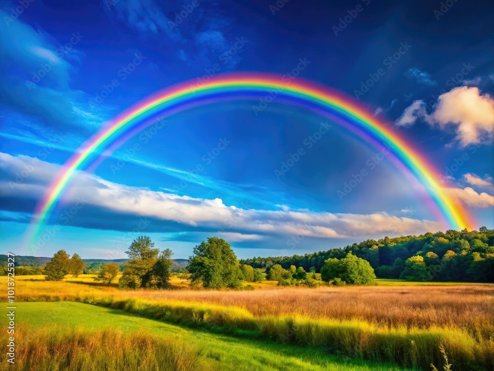 A kaleidoscope of rainbow colors arcs gracefully over a calm blue sky, blending harmoniously with the tranquil landscape and creating a breathtaking natural panorama. A kaleidoscope of rainbow colors arcs gracefully over a calm blue sky, blending harmoniously with the tranquil landscape and creating a breathtaking natural panorama.