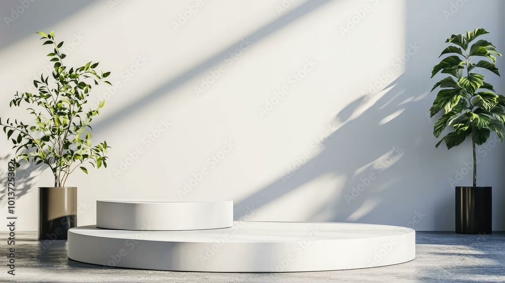 A minimalist and modern display podium set in a bright, sunlit room with elegant plants, showcasing simplicity and elegance ideal for product presentations and exhibitions. 3D rendering A minimalist and modern display podium set in a bright, sunlit room with elegant plants, showcasing simplicity and elegance ideal for product presentations and exhibitions. 3D rendering