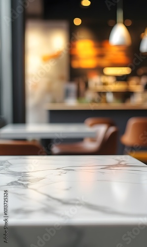 5. **Urban Chic:** Capture the essence of a modern urban cafe with an empty white stone marble tabletop in the foreground. The background features a blurred, vibrant interior filled with contemporary