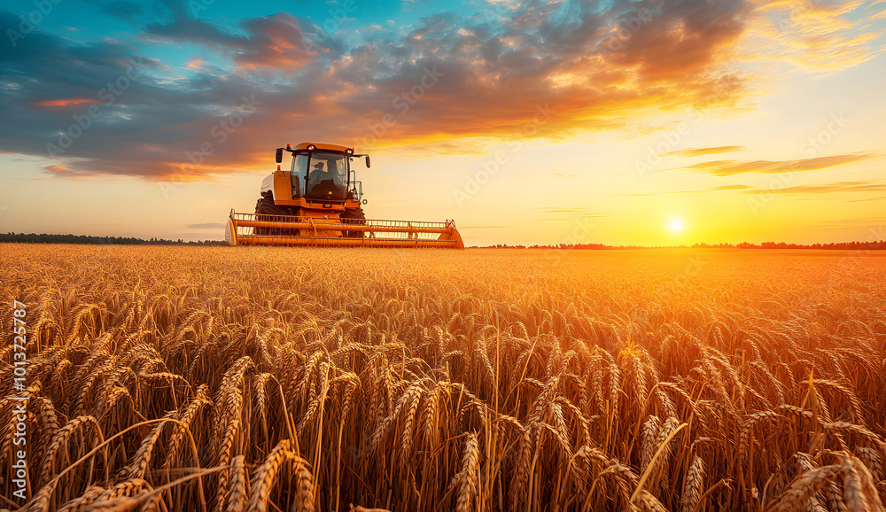Fototapeta premium Sunset Wheat Harvesting with Combine Harvester in Golden Field design, Summer Agriculture Scene, Rural Farm Landscape design