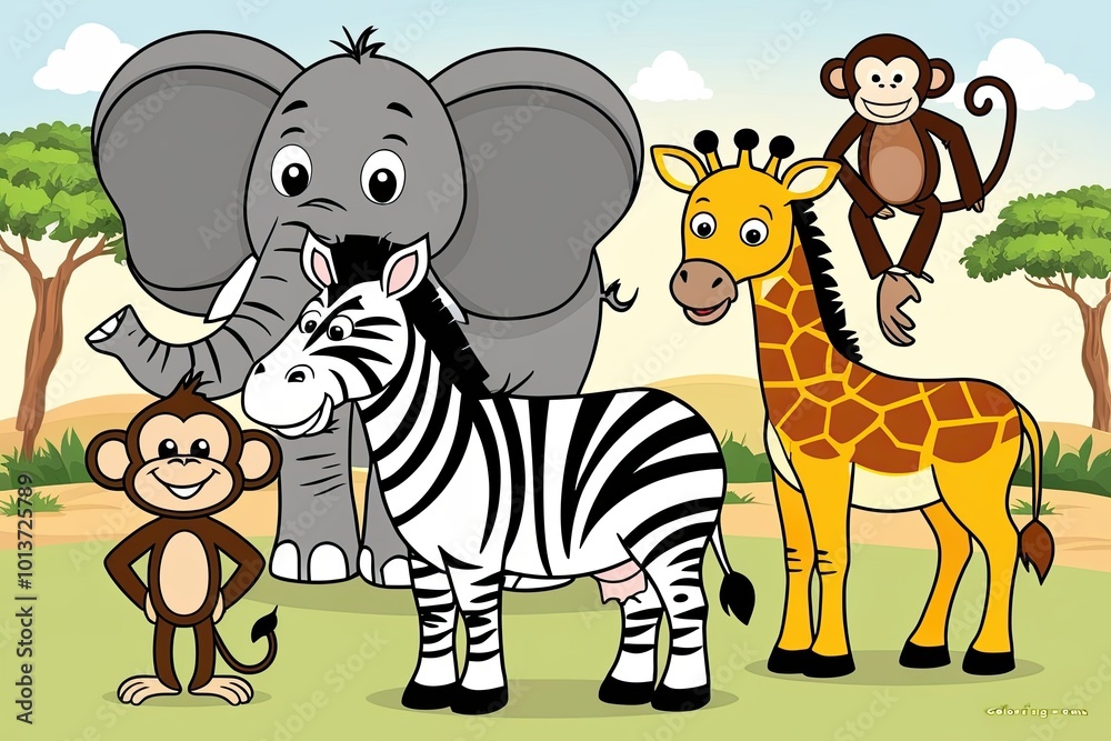 Naklejka premium Adorable African Cartoon Animals Coloring Pages for Kids Featuring Elephant Zebra Giraffe Monkey and Gazelle