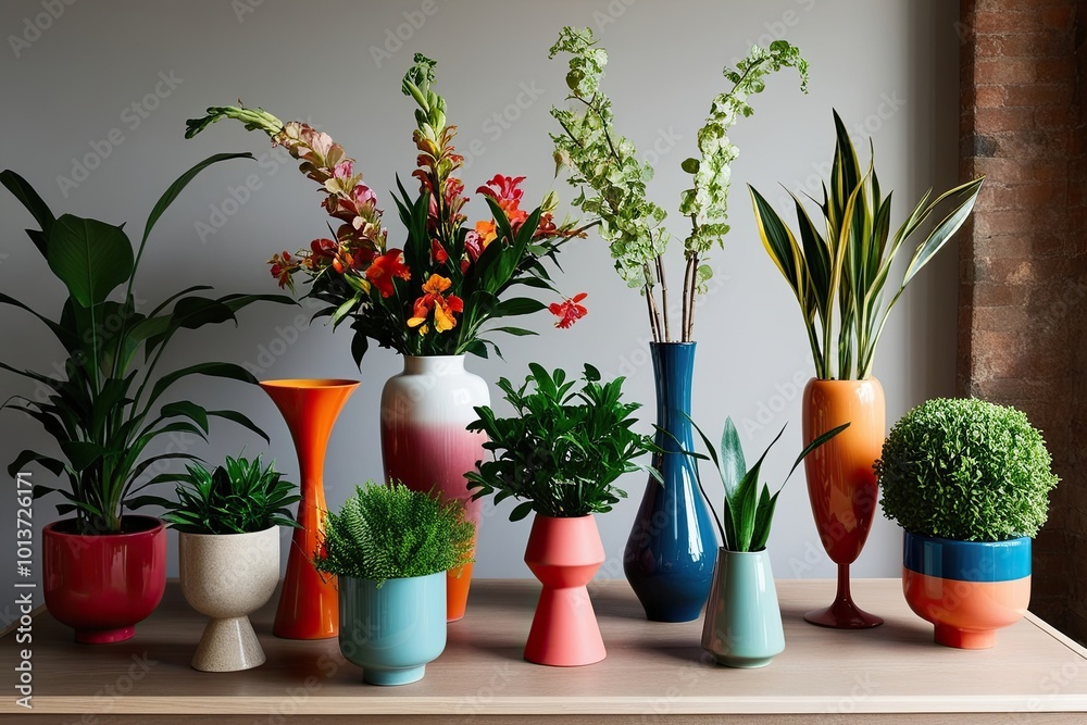 Fototapeta premium Stylish Retro and Modern Vases Combined with Colorful Potted Plants for an Elegant Home Decor Arrangement