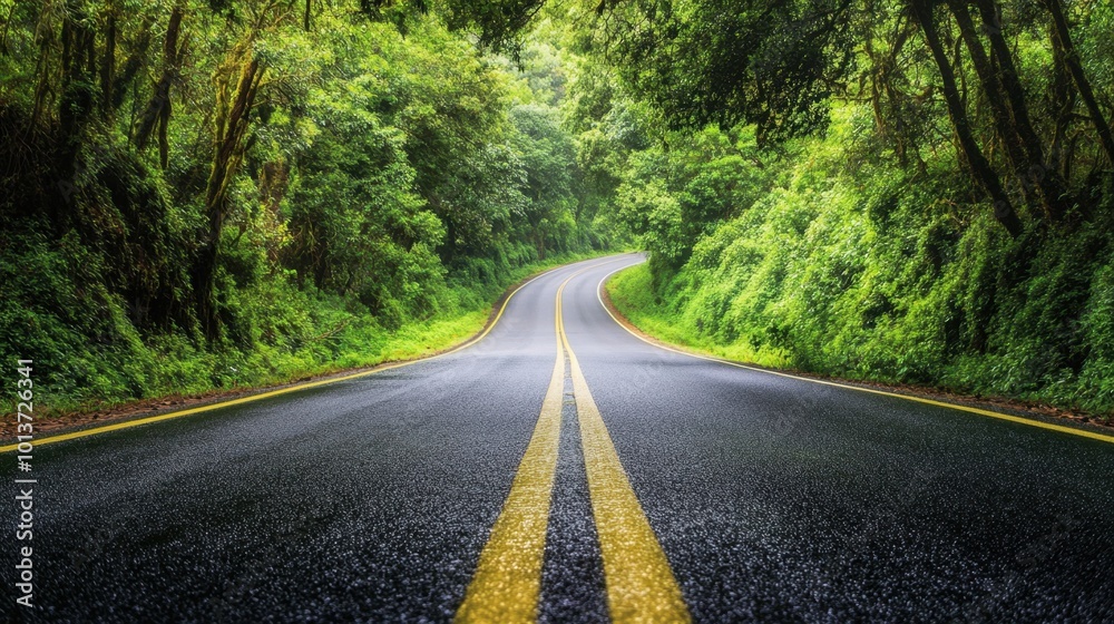 Obraz premium A scenic road through a green forest, representing the push for sustainable travel and its role in preserving natural landscapes.