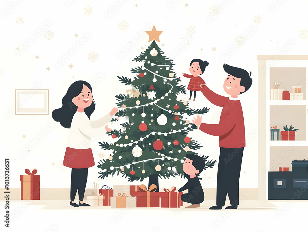 Flat Candid Family Decorating Christmas Tree at Home - Cozy Family Moments and Holiday Traditions Illustrated in Vector Style Flat Candid Family Decorating Christmas Tree at Home - Cozy Family Moments and Holiday Traditions Illustrated in Vector Style