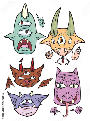 color vector set of drawn different funny monster faces