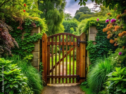 An exquisite wooden garden gate nestled among lush foliage enhances the outdoor ambiance, creating a picturesque retreat that beckons to nature lovers and wanderers.