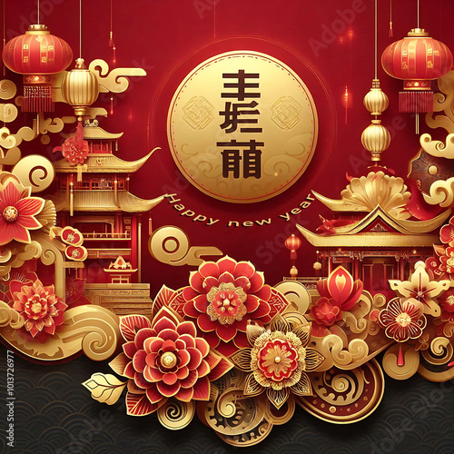 Dragon Happy new year chines red background photo