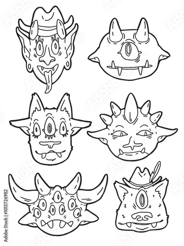 linear vector set of drawn different funny monster faces
