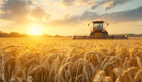 Sunset Wheat Harvesting with Combine Harvester in Golden Field design, Summer Agriculture Scene, Rural Farm Landscape design photo