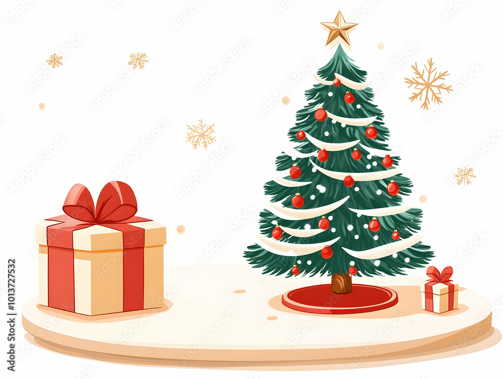 Flat Christmas Tree and Present Podium Illustration with Clear Copy Space for Holiday Ads - Perfect for E-commerce Campaigns and Gift Promotions Flat Christmas Tree and Present Podium Illustration with Clear Copy Space for Holiday Ads - Perfect for E-commerce Campaigns and Gift Promotions