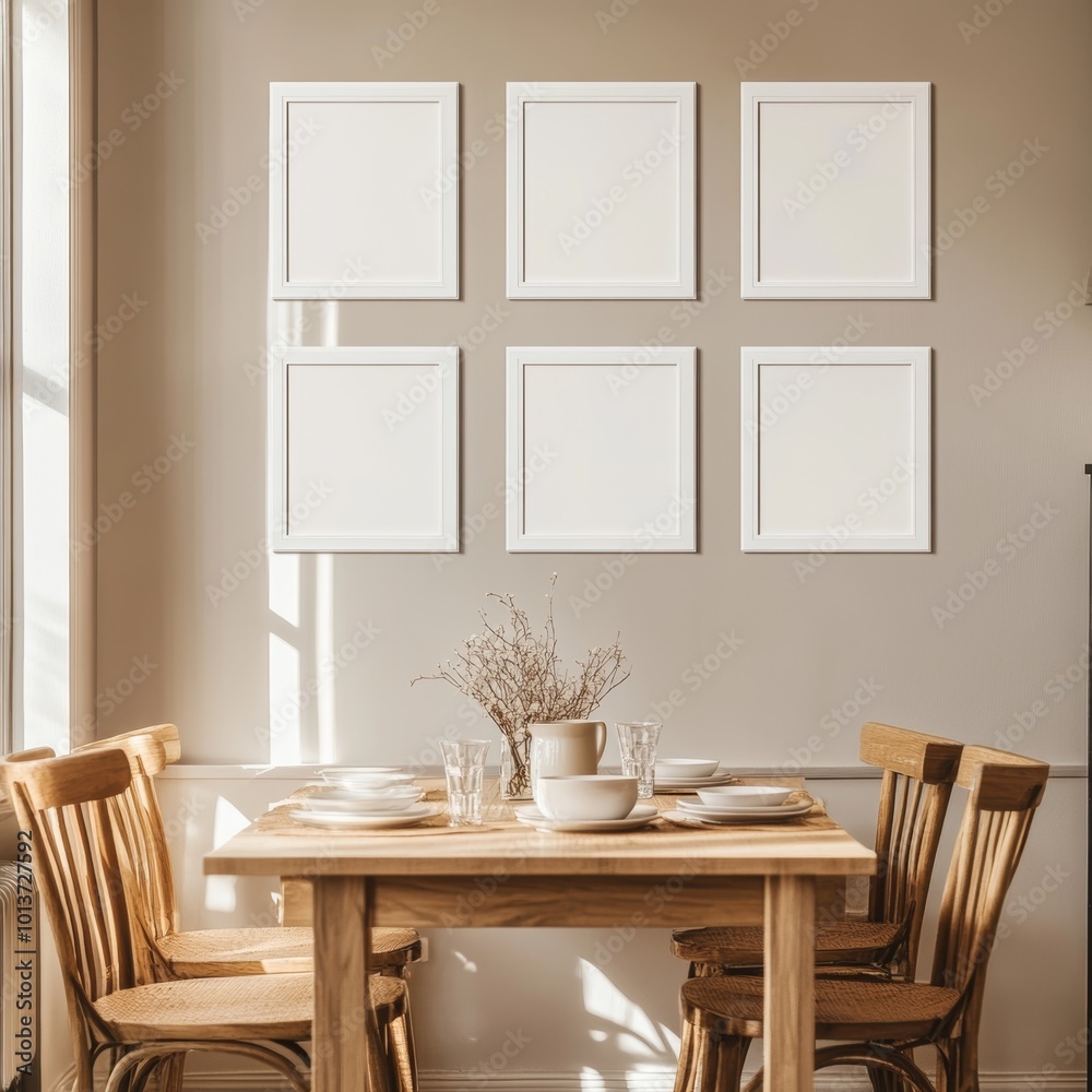 Fototapeta premium A dining area illuminated by sunlight, with a wooden table, and neatly lined empty frames on a beige wall providing warmth.