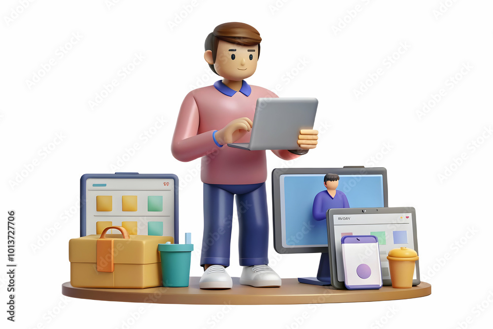 Fototapeta premium Candid Shopper Analyzing Cyber Monday Prices on Laptop, Tablet, and Phone � Dynamic Focus on Devices and Engaged Expression in Stock Photo