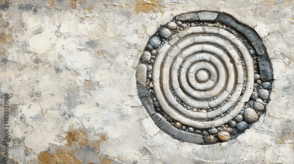Minimalistic abstract oil painting of japanese rock garden with textured spiral circles textured background large strokes white beige grey light cyan gold colors