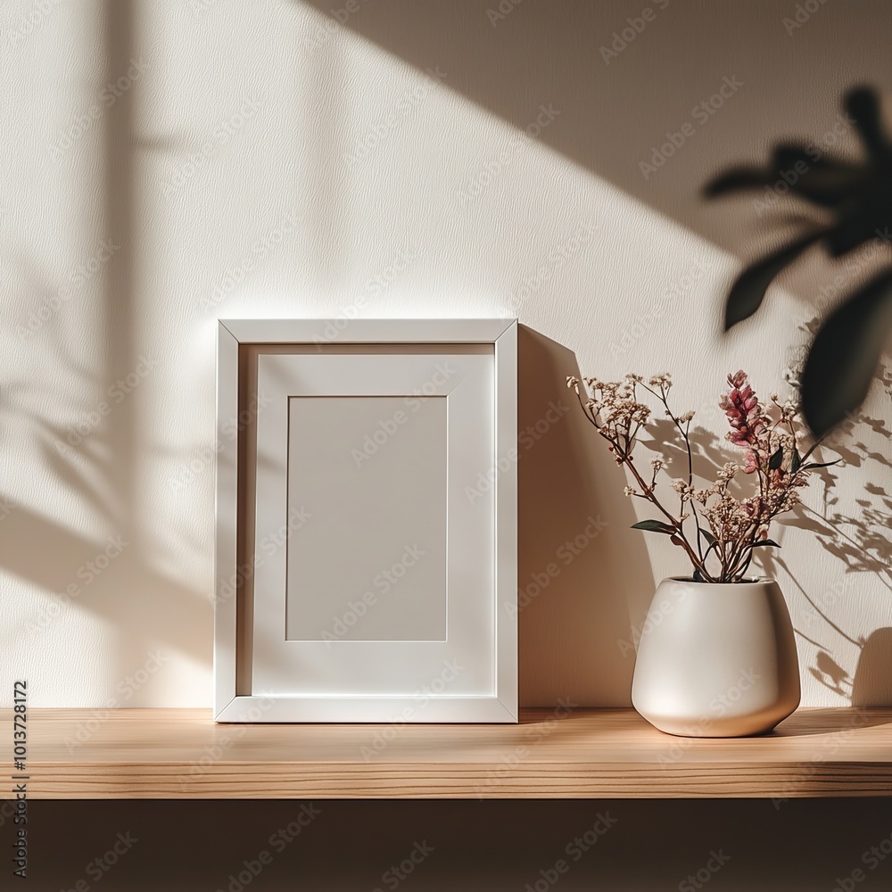A serene display of a minimalist shelf featuring a white frame and ceramic vase, with artistic shadows in soft daylight. A serene display of a minimalist shelf featuring a white frame and ceramic vase, with artistic shadows in soft daylight.