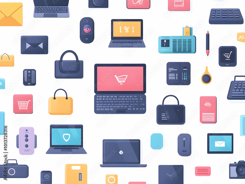 Flat Glossy Background of Tech Products with Cyber Monday Price Labels & Discount Signs | Modern Vector Illustration of Laptops, Tablets, and Smartphones for High-Tech Shopping Flat Glossy Background of Tech Products with Cyber Monday Price Labels & Discount Signs | Modern Vector Illustration of Laptops, Tablets, and Smartphones for High-Tech Shopping