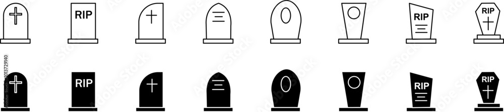Illustration of tombstone icon set.Tombstone, grave icon set.Vector icons