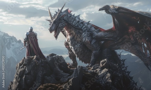 Battle between armored knights and a giant dragon atop a mountain, 4K hyperrealistic photo photo