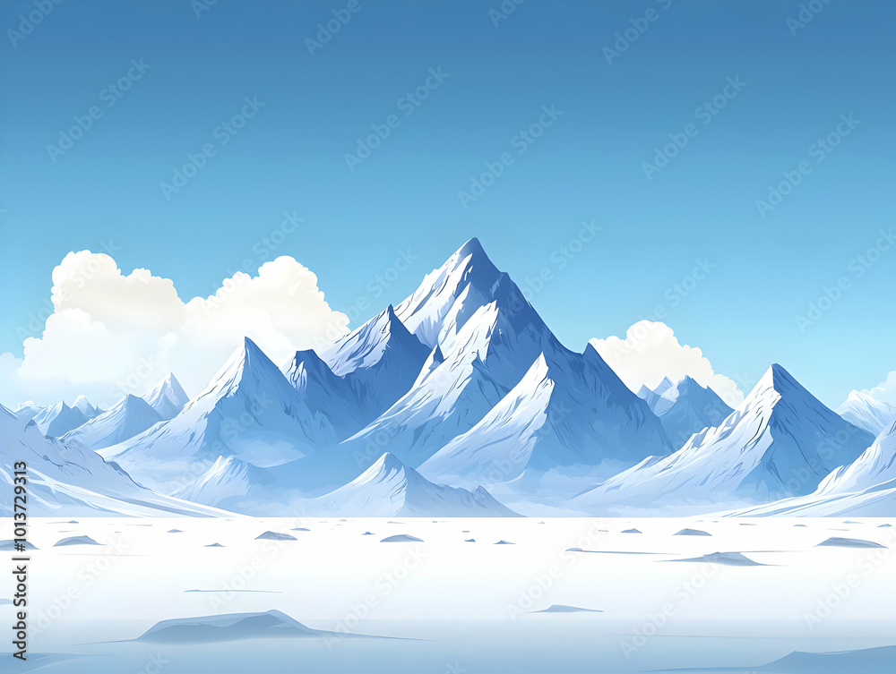 Obraz premium Flat Plain Snowy Mountain Range Illustration: Majestic Winter Landscape with Clear Blue Sky, Distant Clouds, and Ample Copy Space for Smart Business Applications