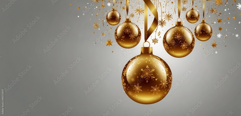 Obraz premium Golden Christmas balls light white background. Festive xmas decoration gold glass christmas balls and glossy snowflake, stars, hanging on the ribbon