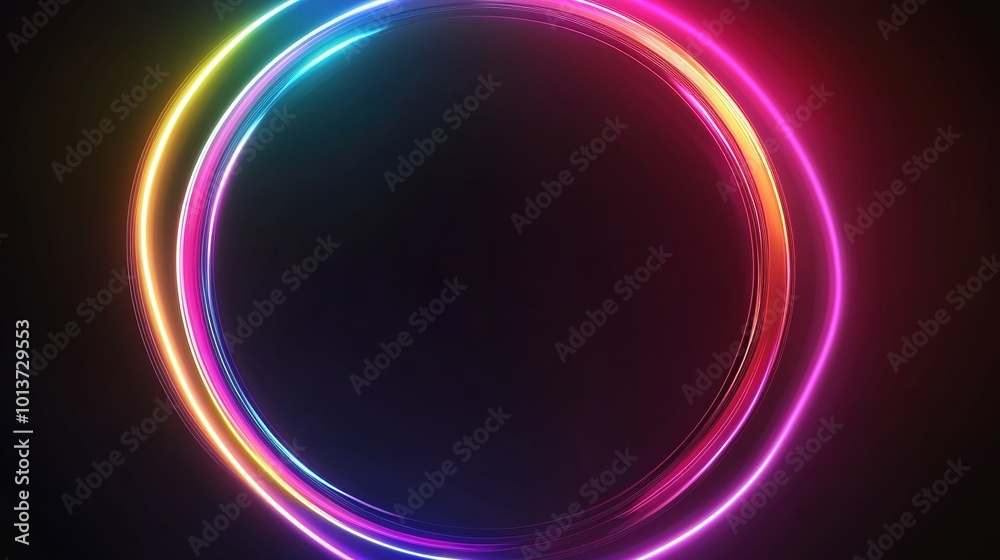glowing neon color circles round curve shape with wavy dynamic lines isolated on black background technology concept. Circular light frame border glowing neon color circles round curve shape with wavy dynamic lines isolated on black background technology concept. Circular light frame border