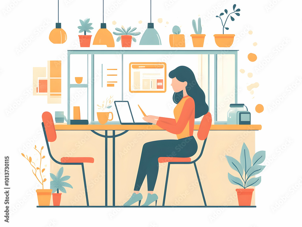 Fototapeta premium Flat Candid Illustration of a Shopper Browsing Cyber Monday Electronics Deals in a Caf? - Ideal for Modern Business and E-commerce Themes