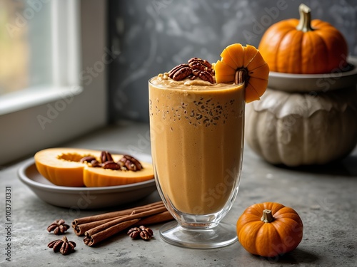 Creamy pumpkin smoothie in a clear glass. Orange hue, a pinch of cinnamon and a handful of chopped pecans for texture and contrast. Pecans and fall leaves. photo